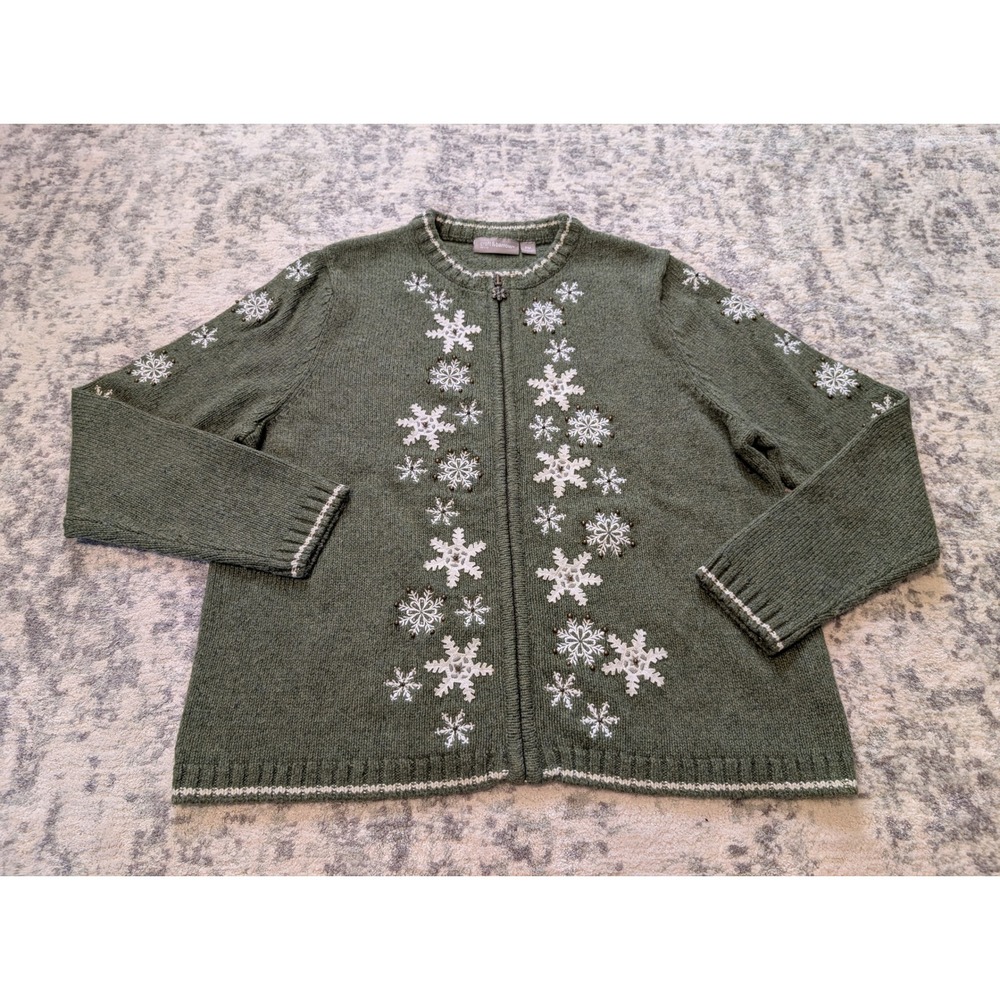 Croft & Barrow Green Snowflake Zip Up Ramie Sweater Holiday Winter Petite Medium